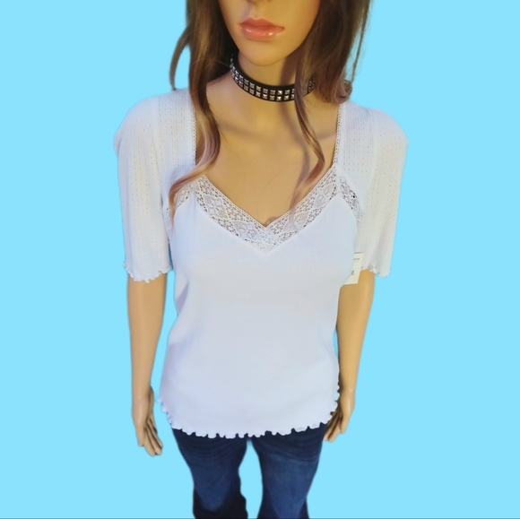 NEW!Free People L v-neck lace trim top - Picture 2 of 7